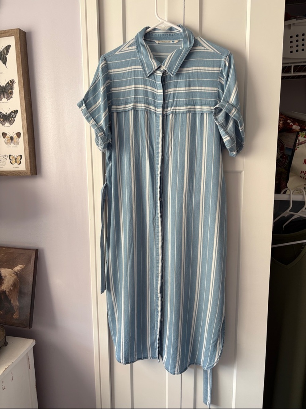 Given Kale Large Blue White Striped Button-Down Shirt Dress 100% Lyocell Flowy